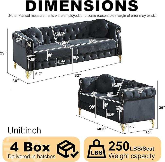 KEIKI 5 Seat Chesterfield Sofa Retro Style Upholstered 3+2 Seats Velvet Couch with Rolled Arm for Living Room Bedroom Office Black