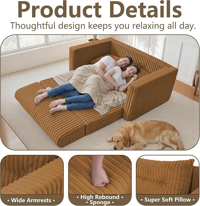 HABUTWAY Folding Sofa Bed 2 in 1 Convertible Sleeper Chair with Pillow Portable Fold Out Chair Bed with Armrest Comfy Floor Couch Lazy Sofa for Living Room Bedroom Dorm Home Office Orange