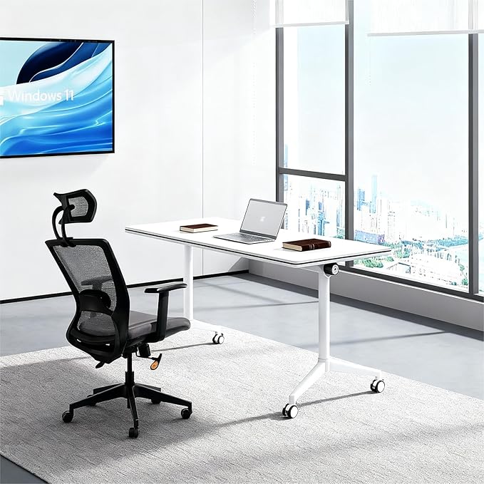 Folding Home Office Desk with Locking Wheels | Mobile Flip Top Computer Table | Space Saving Design for Small Spaces Apartments &amp Studios (47IN)