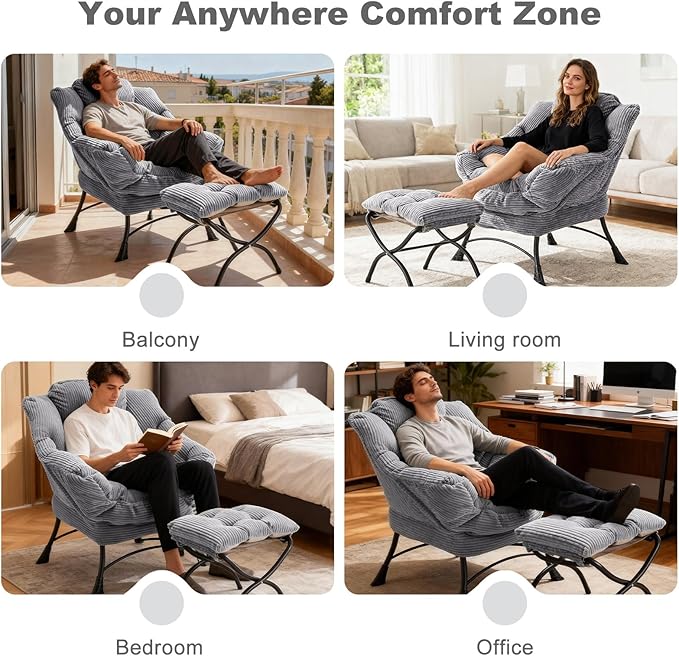 Corduroy Lazy Chair Set of 2 with Ottoman Ergonomic Comfy Reading Chair for Living Room Bedroom &amp Office in Small Spaces