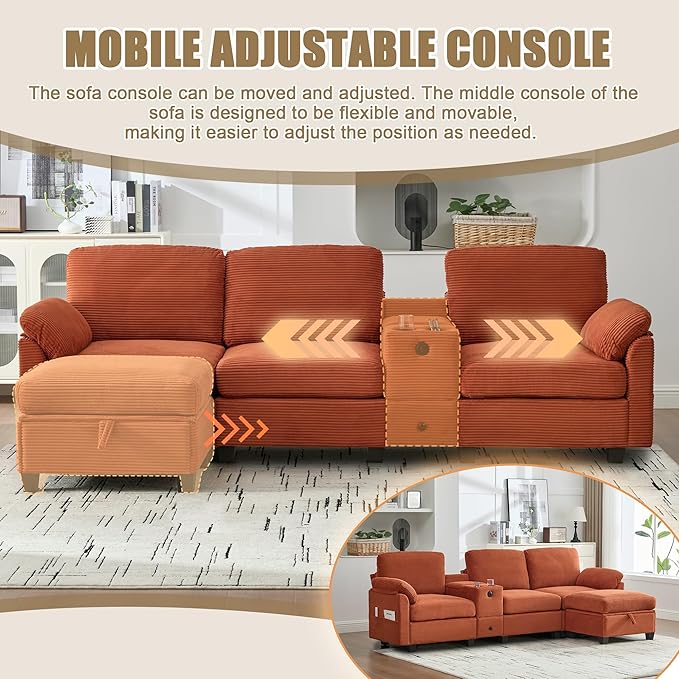 KEIKI 105 L-Shaped Oversized Corduroy Modular Sectional Sofa with 1 Ottoman and Multi Functional Console 4-Seater Upholstered Couch with USB and 2 Cup Holder Easy Assembly for Living Room Orange