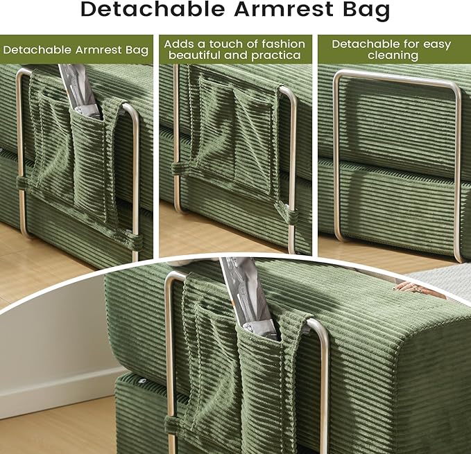 Convertible Sleeper Sofa Bed Corduroy Upholstered Green Modular Floor Couch Queen/King Size Foldable Futon with Memory Foam for Apartment Living Room Bedroom (Green 108 Sofa) | Convertible sofa bed