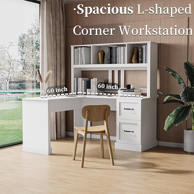JOYSOURCE Executive L Shaped Desk Home Office Desk with File Drawer &amp Open Storage Shelves Computer Corner Desk with Hutch and Drawer Workstation for Office Home White