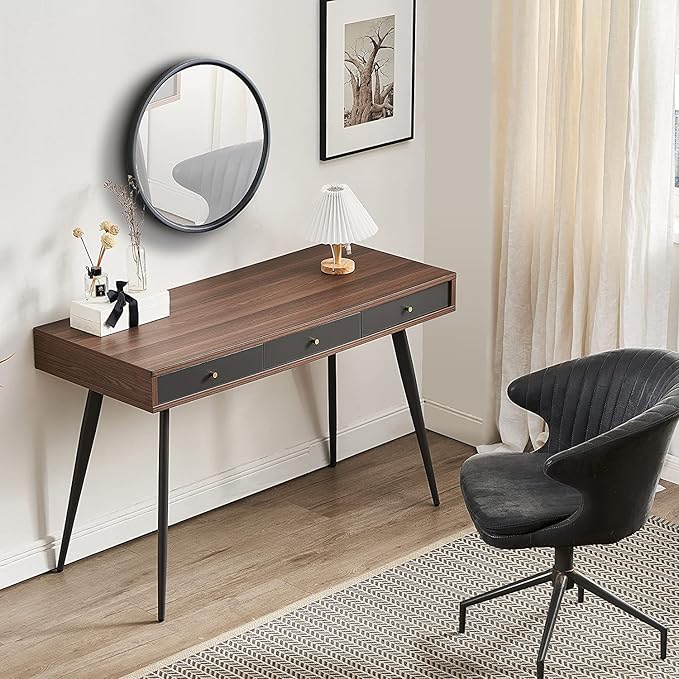 kevinplus Mid-Century Modern Desk for Home Office Bedroom Small Computer Desk Writing Desk with 3 Storage Drawers Metal Legs Walnut &amp Dark Grey