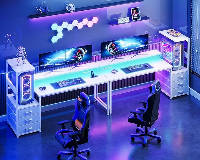 Casaottima 59 Inch Gaming Desk with USB Charging Ports &amp LED Light - Reversible Computer Desk with 3 Fabric Drawers Monitor Stand CPU Stand and Side Hook Modern Office Desk White