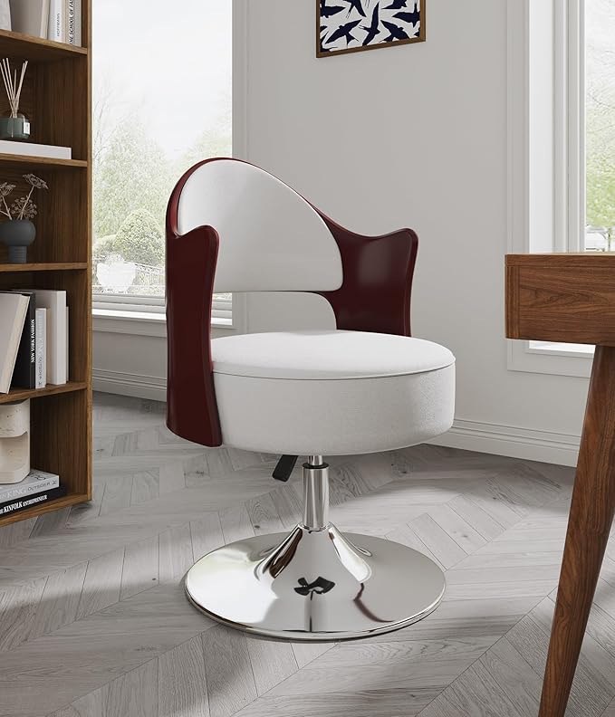 Manhattan Comfort Bopper Adjustable Swivel Accent Chair Set of 2 with 360° Turn Upholstered in Faux Leather with Polished Chrome Base Modern Design for Living Room &amp Home Office White