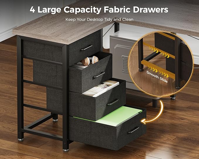 AODK L Shaped Gaming Desk with 4 Drawers 53 Reversible Home Office Desks with Power Outlets L Shaped Computer Desk with USB Charging Port and Host Stand Corner Desk Easy to Assemble Grey