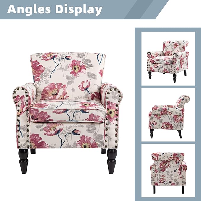 Wingback Accent Chairs Set of 2 Mid-Century Modern Upholstered Armchair Living Room Chair with Nailhead Trim &amp Rolled Armrest Floral Pattern Reading Chair Single Sofa Chair for Bedroom Plants W