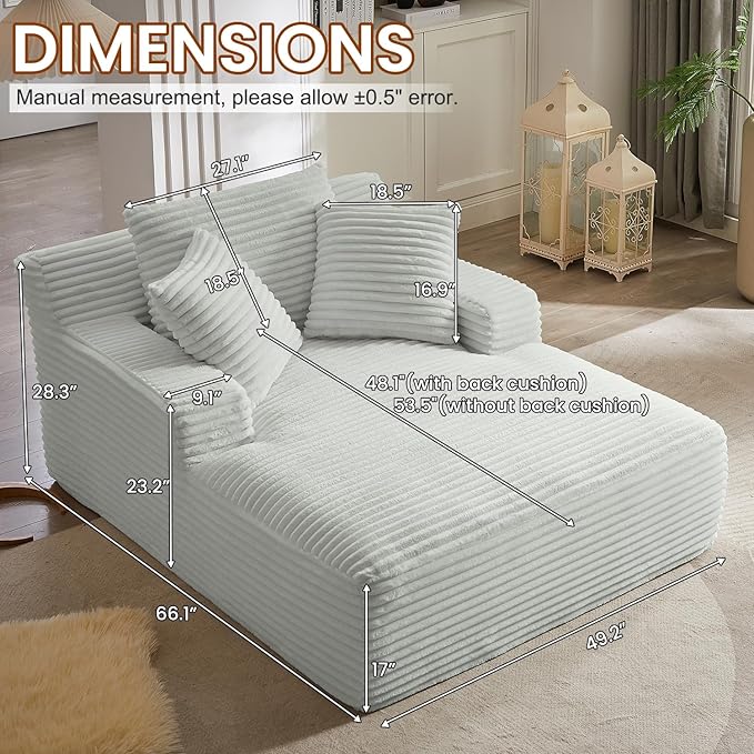 Avenix 66 Oversized Boneless Chaise Lounge Chair IndoorCorduroy Comfy Oversized Reading Chair Boneless Couch Bed ChairNo Assembly RequiredLight Grey