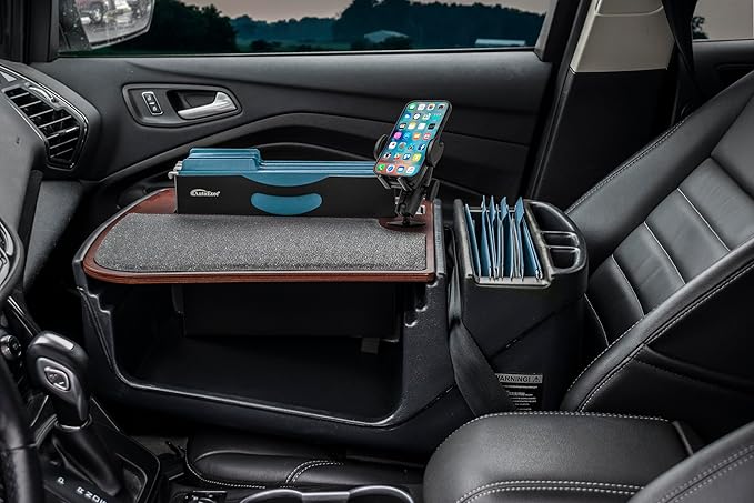 AutoExec AE-FMEF-PI-PM-21M Efficiency FileMaster Car Desk for Your Vehicle Workstation and Mobile Office Mahogany with 400 watt Power Inverter and Phone Mount