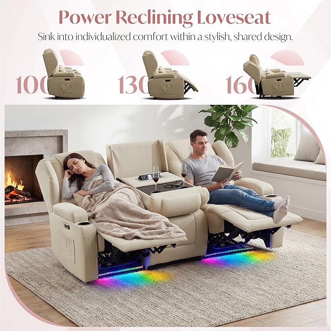 Power Loveseat Recliner SofaReclining Loveseat RV Recliners with Speaker/USB Ports/LED LightsPower Recliner Loveseat Sofa with Cup Holders for Living Room (Beige 3-Seater)