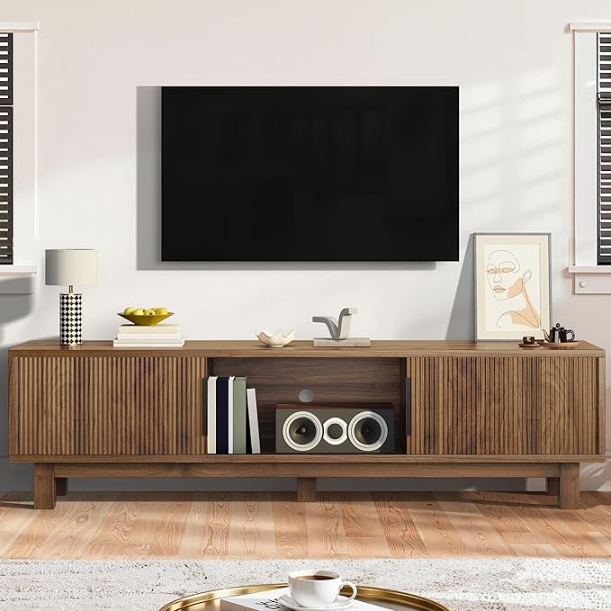 DWVO Fluted TV Stands for Living Room Entertainment Center for TVs up to 65 Inch Mid Century Modern Media Console with Power Outlets &amp Storage Compartments 59 Long TV Cabinet Walnut