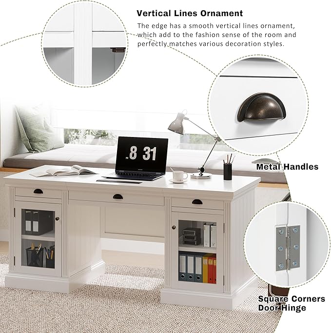 67 Modern White Executive Desk Computer Desk with 2 Glass-Door Cabinets &amp 3 Drawers White Home Office Desk Writing Table with USB Ports Study Workstation for Living Room (White+Glasses)