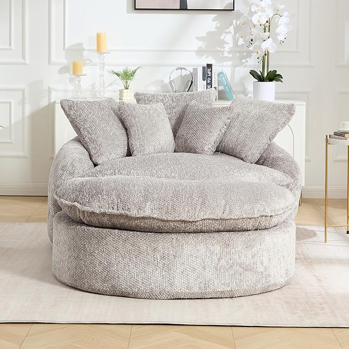 Round Oversized Lounge Chair with Ottoman - Cloud Comfy Boneless Sofa Chair for Living Room Relaxation (Light Grey Chair and Ottoman)