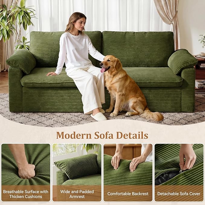 WEUP 86 Loveseat Sofa Green Corduroy Couches for Living RoomMid Century Modern Love SeatSuper Comfy Cloud SofasDeep SeatWide ArmrestSturdy Frame for Bedroom Apartment Office | Breathable Fabr