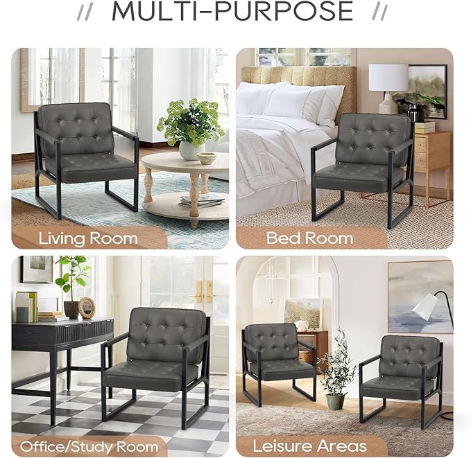 COLAMY Accent Chairs Set of 2 Modern Accent Arm Chairs for Living Room Comfy Leather Armchairs with Metal Legs for Bedroom Reception Room Grey