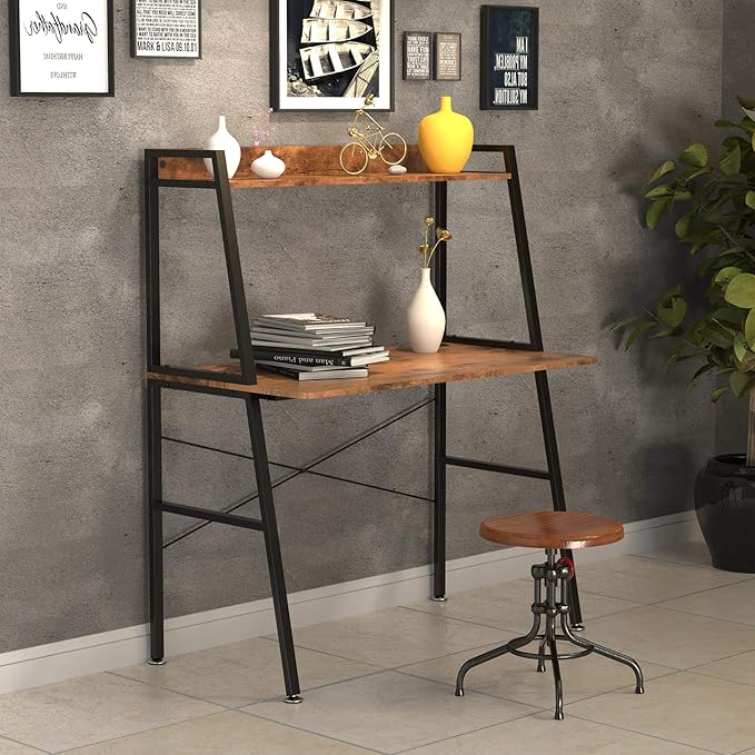 EUREKA ERGONOMIC43 Inch 2-Tier Home Office Students Study Writing PC Gaming Table with Bookshelf Small Computer Ladder Desk with Storage ShelvesModern Workstation for Space Saving Rustic Brown