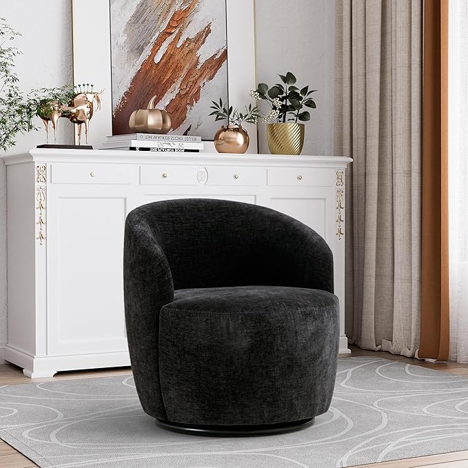 Swivel Barrel Chair Set of 2 360 Degree Boucle Swivel Accent Chair Upholstered Chenille Round Armchair Modern Small Reading Lounge Chair for Living Room Bedroom Office Black Chenille