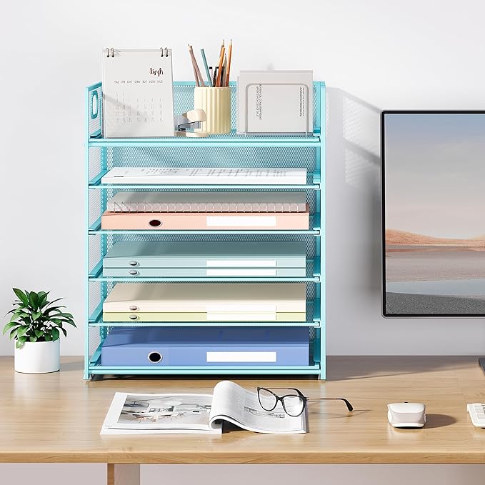 Subekyu 6 Tier Office File Paper Desk Tray Organizer with Handle Stackable Slide Mesh Letter Tray Folder Blue Desk Organizer Desktop Document Sorter for Classroom Office Home Supplies Storage