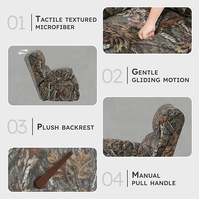 Lexicon Glider Recliner Chair with Lever Handle Textured Microfiber Manual Recliner Plush Stitching Cushion Pillow Top Arms Rustic Armchair for Cabin/Living Room Easy Assembly Camouflage