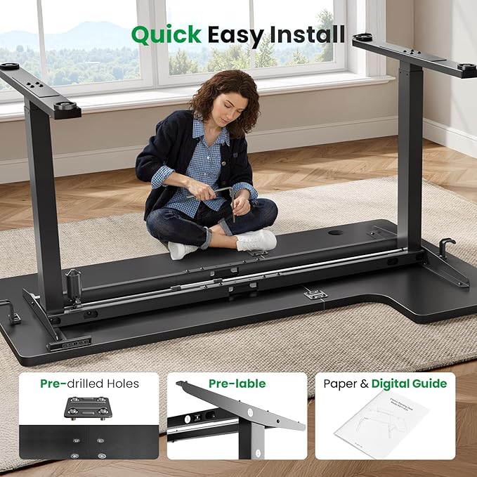 L-Shaped Standing Desk - 63 Inch Adjustable Corner Standing Desk with Flexible Monitor Stand Electric Sit Stand Computer Table with Memory Controller for Home Office