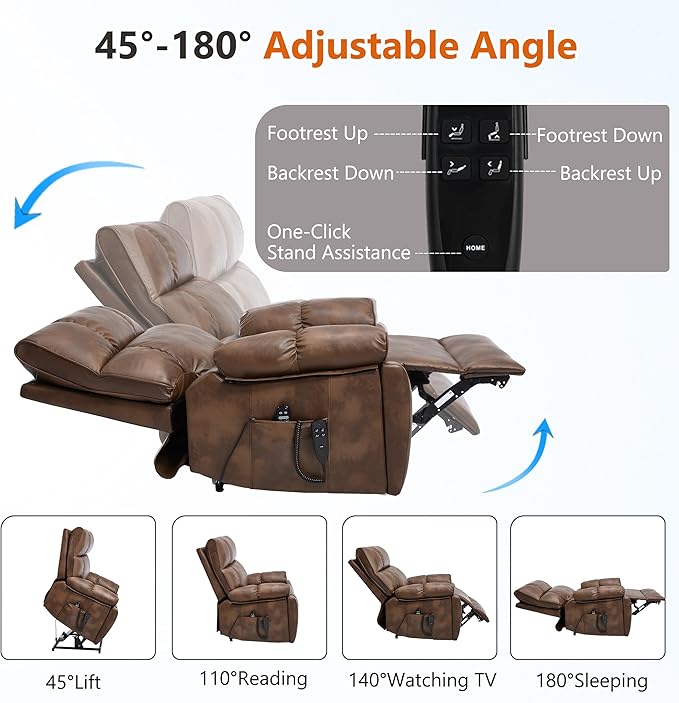 Oversized Power Lift Recliner Chair for Elderly Dual Motor Lift Chair with Vibration Massage &amp Lumbar Heating Standing Assistance Recliner with Cup Holders for Living Room - Faux Leather Brown