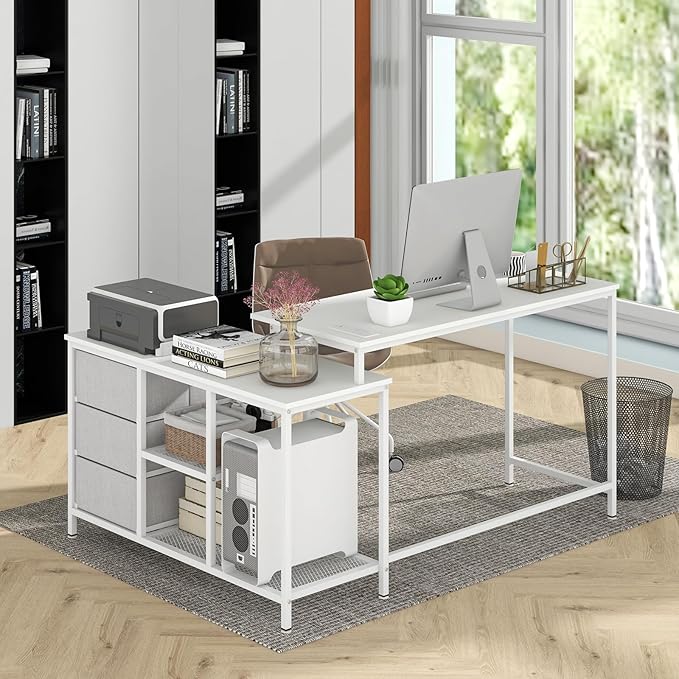 Giantex L Shaped Computer Desk with Drawers 81 Convertible Corner Desk with Charging Station and Storage Shelves Study Writing Desk Modern Long Corner Gaming Table for Home Office (White)