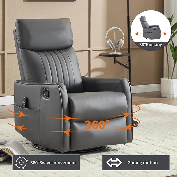 High Back Massage Recliner with Heat - Swivel Rocking Chair for Small Spaces Manual Lazy Boy Recliner for Adults Perfect for Living Room &amp Bedroom Soft Fabric (Grayish Green)