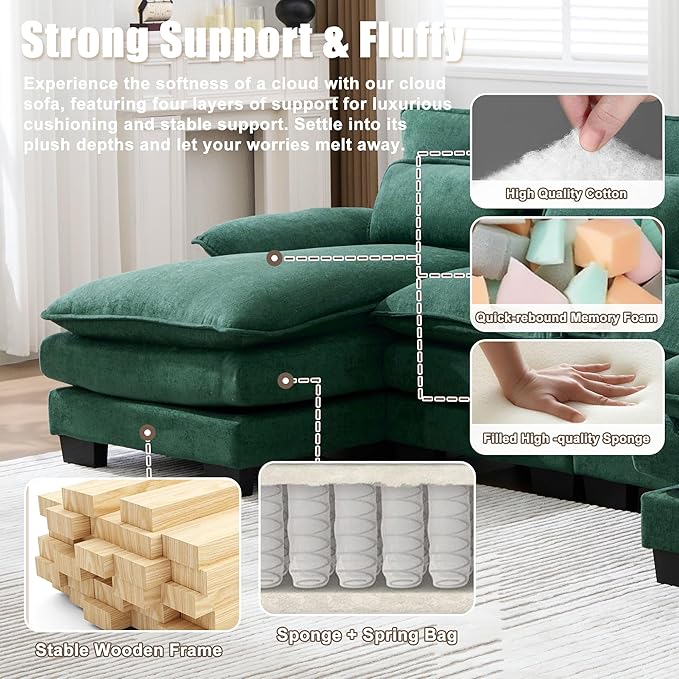 U Shape Sectional Sofa Cloud Couch 107.9 Modern Chenille Comfy Modular Sofa 4 Seat Upholstery Sleeper Sofa with Double Chaise for Living Room Emerald Green