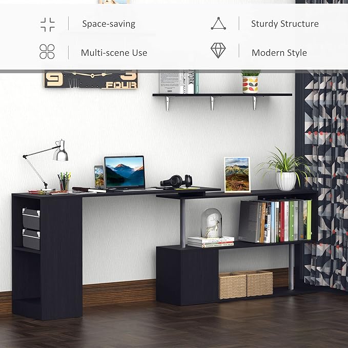 HOMCOM 55 360° Rotating Corner Computer Desk Modern L-Shaped Home Office Workstation with 3-Tier Storage Shelves Bookshelf Black