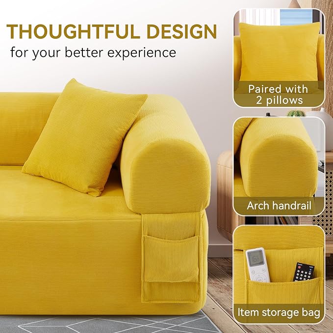 83 Boneless Couch 3 Seater Sofa with 2 Matching Pillows Compact Corduroy Couches for Living Room Side Storage Pockets Floor Sofa with Removable Armrests No Assembly Required Yellow