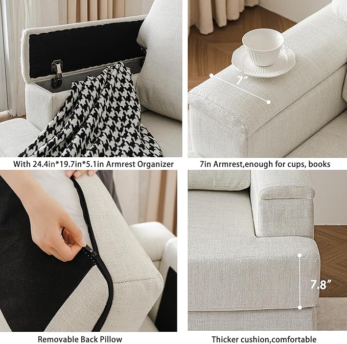 Oversized Accent Chair with Armrest OrganizerComfy Living Room Chairs with Thick CushionUpholstered Linen Fabric ArmchairBig Reading ChairSofa Chair for Bedroom