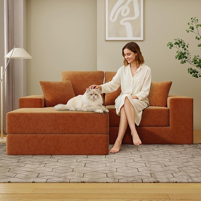 Cloud Modular Sectional Sofa Comfy Boneless Couch for Living Room Modern L-Shaped Couch with Reversible Chaise Customizable Sleeper Sofa with Non Slip No Assembly &amp Deep Seat Orange
