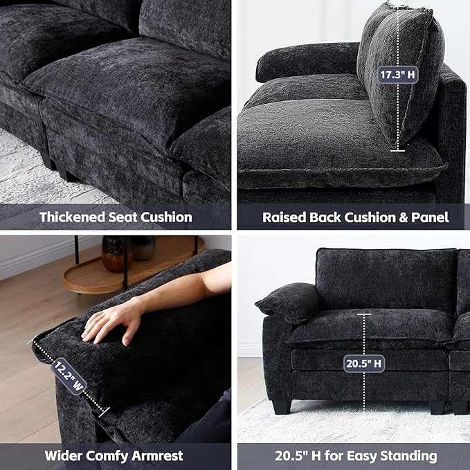mestyl Modular Loveseat Sectional Sofa Comfy Cloud Couch 2 Deep Seat Sofa Couch 84 Soft Love Seat Modern Couches Set for Living Room Bedroom Chenille Black MT001