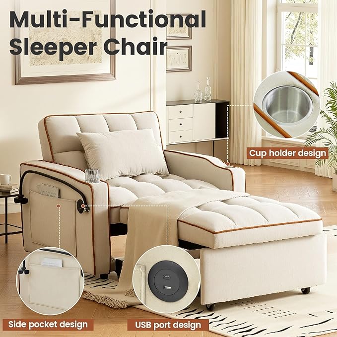 Convertible Sleeper Chair Chairs Bed Sleepers for Adults Pull Out Chair Sleeper with Bracket and Cup Holder 3 in 1 Sofa Bed Chairs for Small Spaces Living Room White