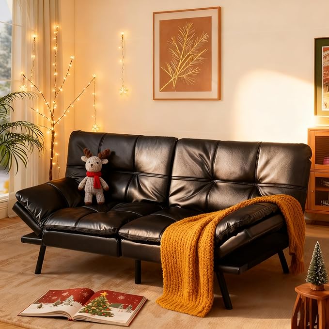 MUUEGM Black Futon Sofa Bed Leather Memory Foam Modern Office Couch Sleeper Bed Convertible Love seat Sofa for Small SpacesApartmentOffice with Adjustable Armrest Backrest