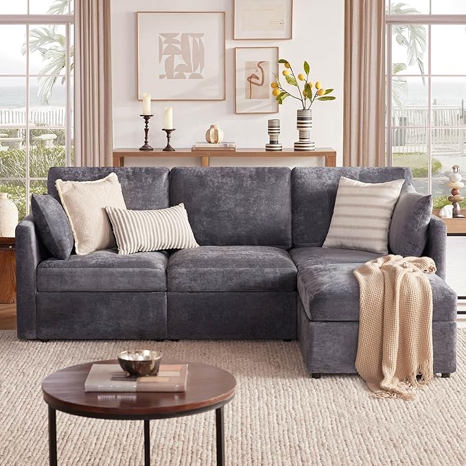 Tbfit Convertible L Shaped Couch Sectional Sofa for Living RoomChenille Cloud Couch with Ottoman 4 Seat (Grey)