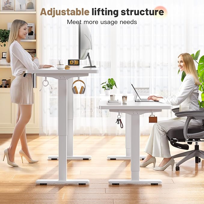 EnHomee Standing Desk with RGB LightsAdjustable Gaming Desk 48 x 24 HeightComputer Desk with 3 Memory Presets &amp Ergonomic Curved TopSit Stand Office Desk with Storage Bag &amp HookWhite