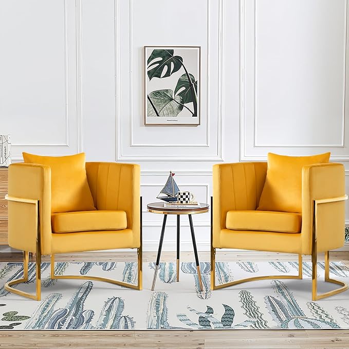 Velvet Modern Accent Chair Upholstered Barrel Armchair Mid Century with Pillow for Living Room Comfy Single Vanity Chair with Metal Gold Legs for Bedroom Yellow