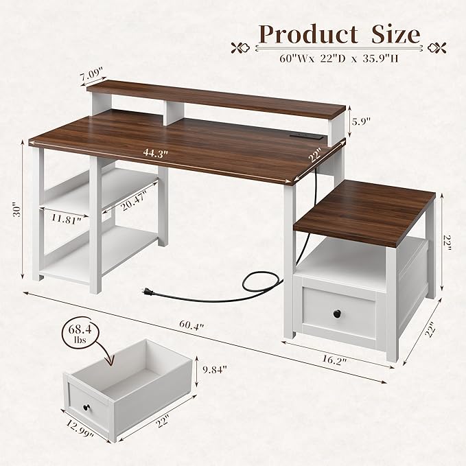 EnHomee 60.4 Computer Desk with Drawer &amp Power Outlet Gaming Desk with LED Light Farmhouse Desk Study Desk with Monitor Stand Home Office Desk Work Desk for Bedroom Study Room White