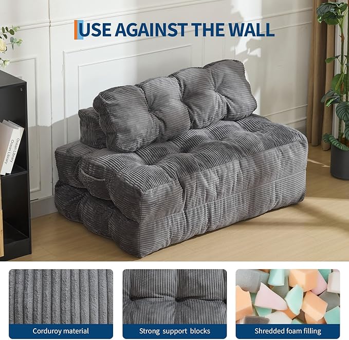Garvee Folding Sofa Bed Convertible Sleeper Chair with Pillow Foldable Mattress with Back Support Boneless Fold Out Chair Bed Comfy Floor Sofa Lounge for Living Room Bedroom Dark Gray Full