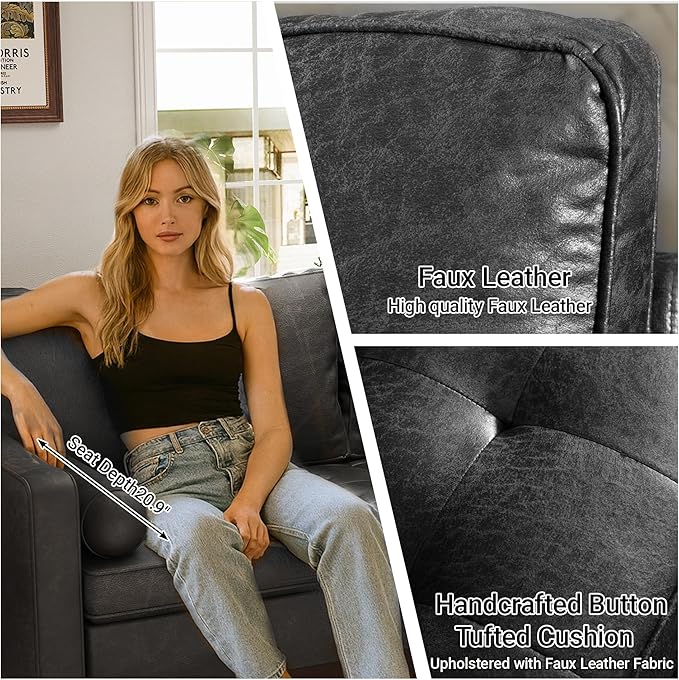 70 Loveseat Sofa Couch Mid-Century Vintage Couches 2 Seat Faux Leather with Solid Wood Frame Deep Seat 2 Pillows for Living Room Apartment Office Small Spaces Charcoal