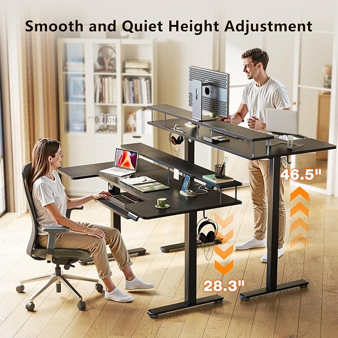 OffiGo U Shaped Electric Standing Desk with Keyboard Tray 55 Inch Height Adjustable Desk with Power Outlets &amp LED Lights Sit Stand Table with Monitor Stand for Home Office Black
