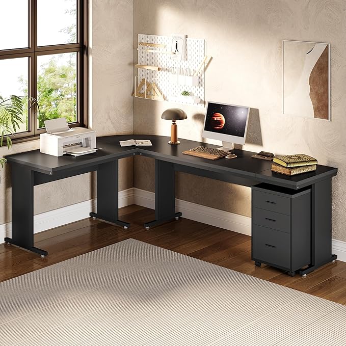 LITTLE TREE 82.67 Long Executive Desk Large L-Shaped Computer Office Desk with 3-Drawer Mobile File Cabinet Industrial Business Furniture Desk Workstation for Home Office Black