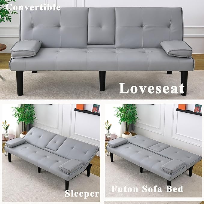 Light Gray Futon Sofa Bed - 67 Convertible Sleeper Loveseat Couch with Adjustable Backrest 2 Seater Small Futon Couch with Removable Armrests for Living Room Bedroom Dorm Apartment (Light Gray)