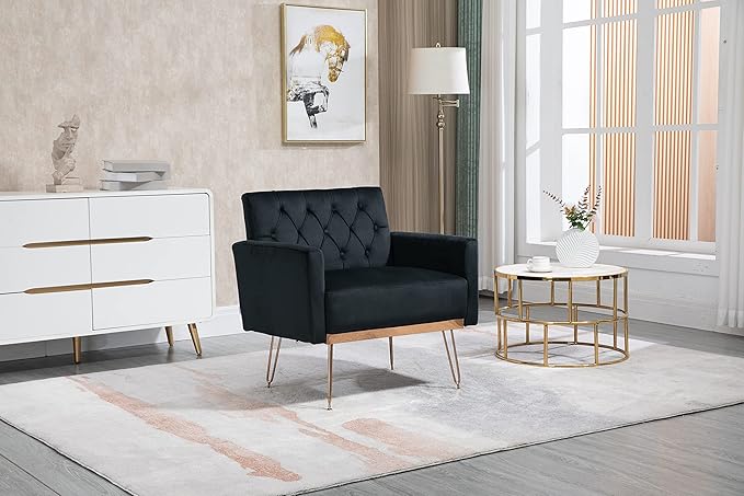 Velvet Accent Chair Upholstered Living Room Accent Armchair Leisure Single Chairs with Rose Golden feet Tufted Sofa Chairs for Home Office Living Room Bedroom Small Space (Black)