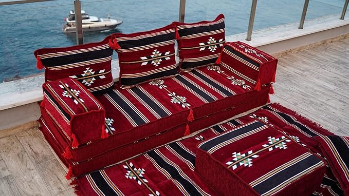 arabicsofa Maroon Turkish Low Floor Seating Sofa – Traditional Arabic Majlis Cushions