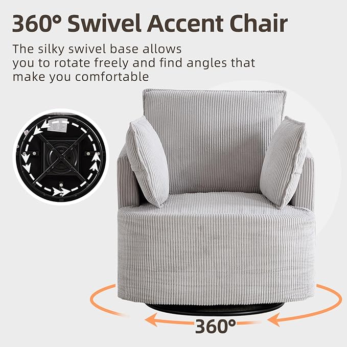 CANMOV Swivel Accent Chair Set of 2 360°Swivel Barrel Chair with 3 Pillows Comfy Corduroy Round Armchair Single Sofa Chair for Living Room Bedroom Reading Room Grey