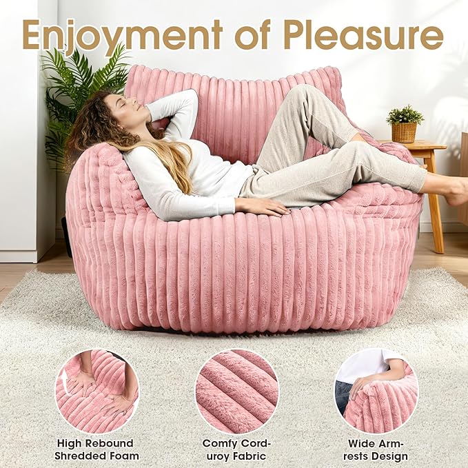 Giant Bean Bag Chair Oversized Plush Comfy Bean Bag Sofa for Adults and Kids with Armrests Memory Foam Mini Couch Single Lounges for Living Room Bedroom &amp Game Room(Pink)