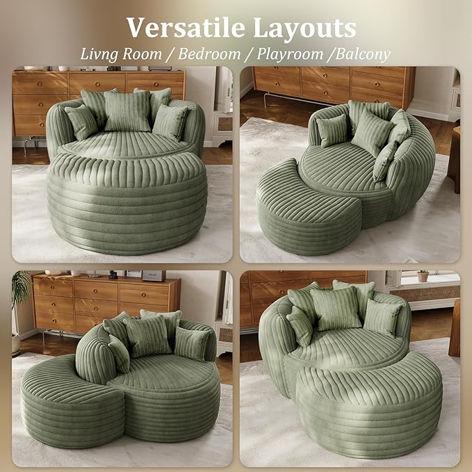 50 Oversized Chaise Lounge Indoor Round Reading Chair Lounge Chair with Ottoman Boneless Sofa Bed Large Fluffy Plush Corduroy Chaise Chair for Living Room Playroom Bedroom Green